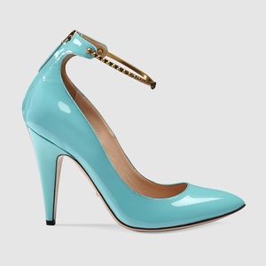 Women's Blue Patent Leather Ankle Strap Pump